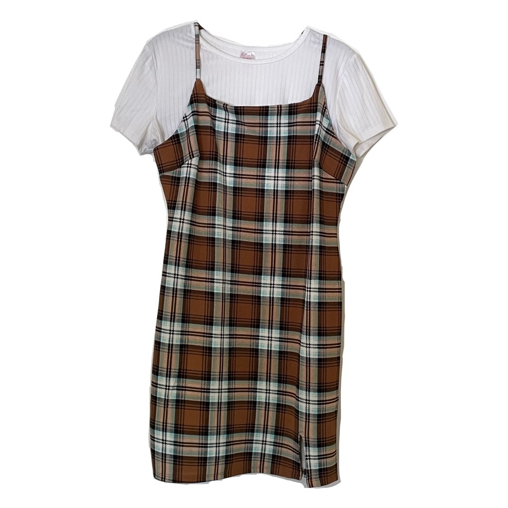 No Boundaries Plaid Sleeveless Dress With White Tee, Size Junior XL  (15-17)